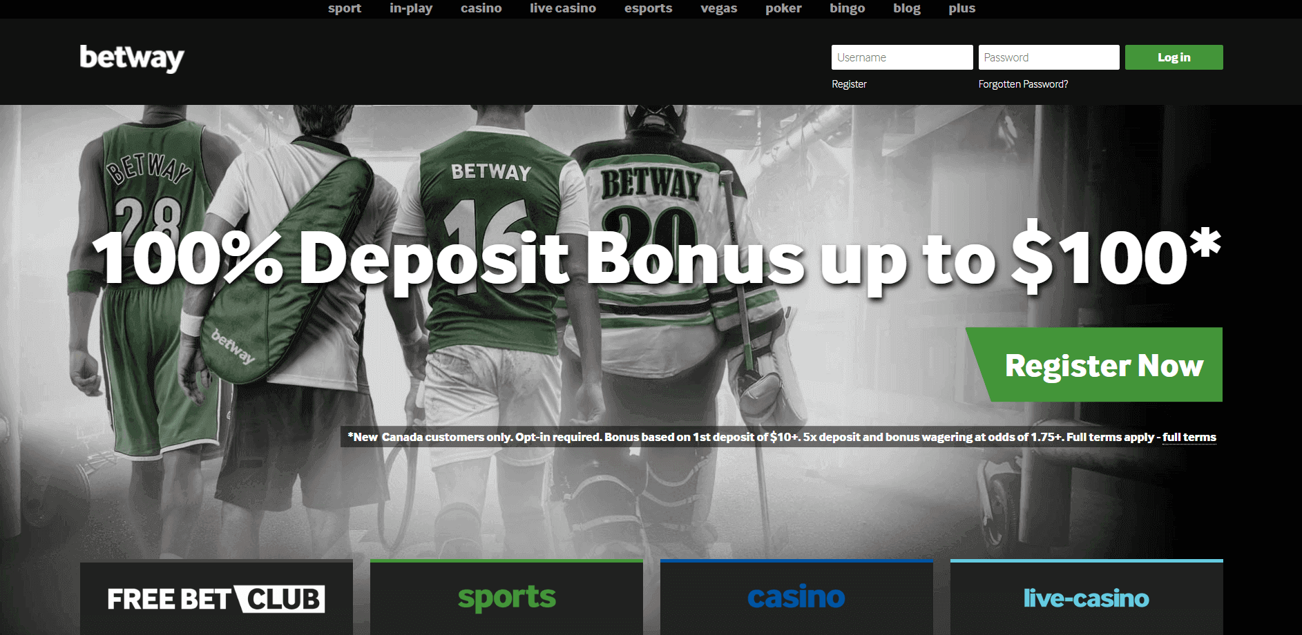 Betway Online Casino and Sportsbook screenshot with $100 Bonus Offer