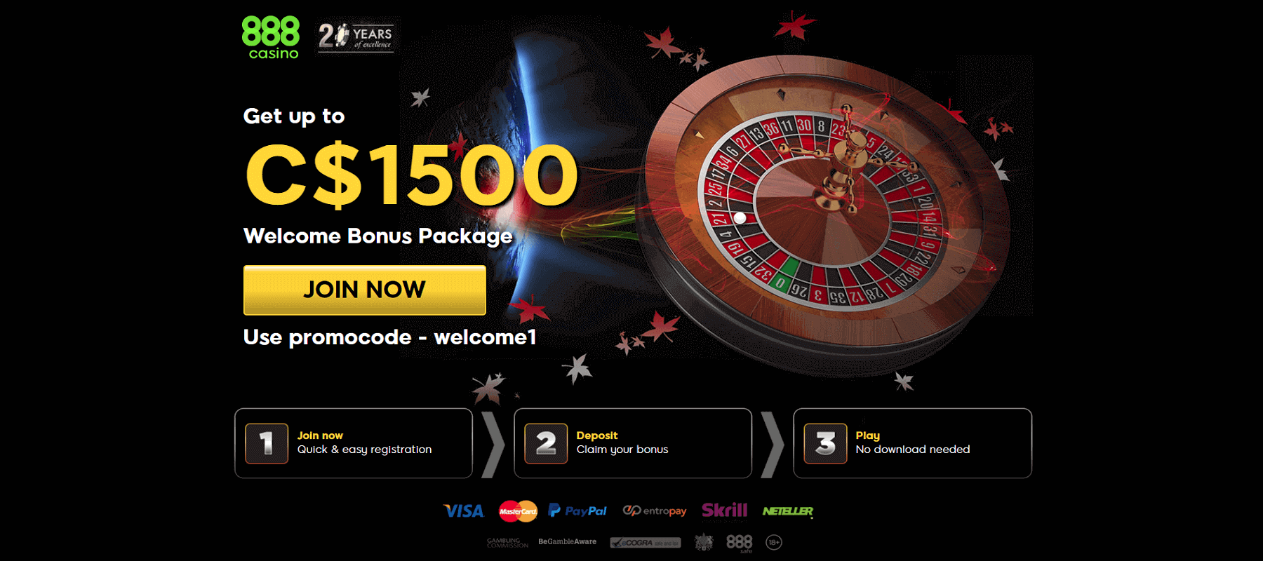 Screenshot of 888 casino C$1500 Welcome Bonus Promo