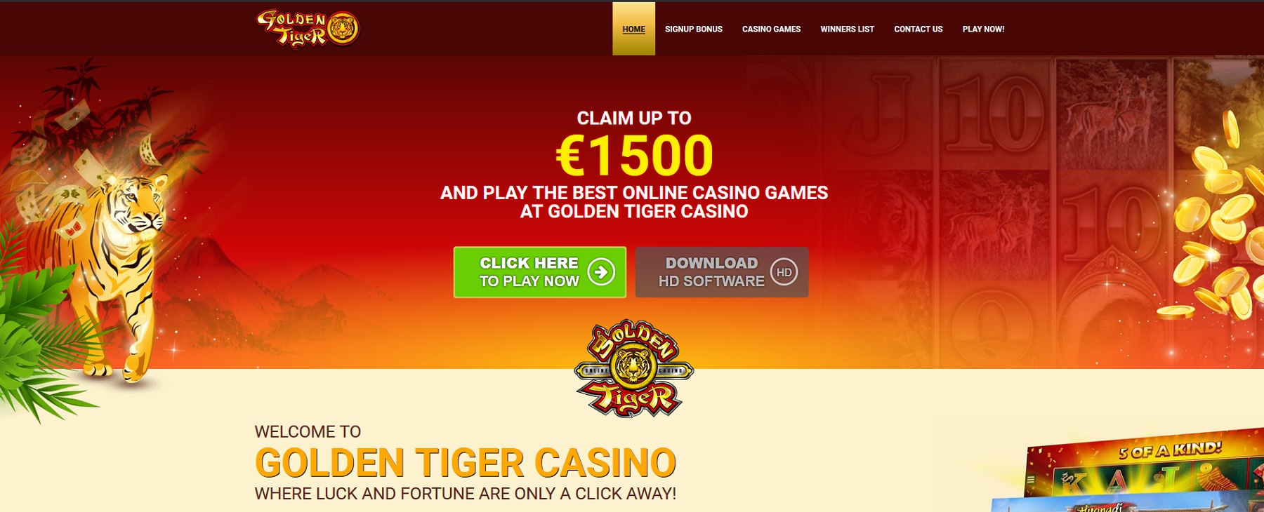Golden Tiger CA$1500 + 1 Hour of Free Spins Bonus Offer