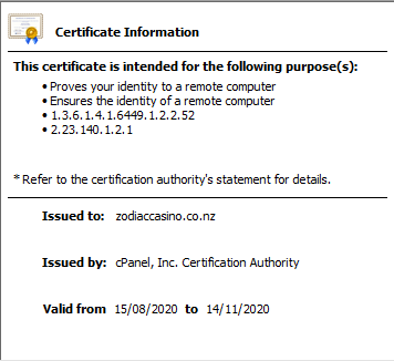 Zodiac casino SSL certificate